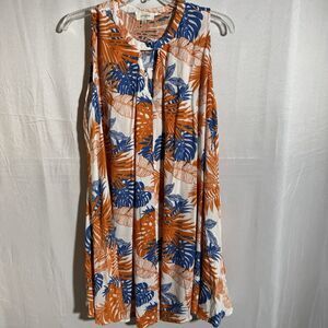Umgee Women’s Medium Tropical Leaf Print Sleeveless Dress Orange Blue Summer